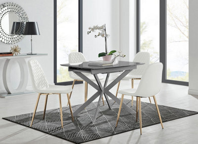 Furniturebox Uk Lira 100Cm Grey Metal Extending Dining Table & 4 White Corona Gold Leg Chairs - image 1