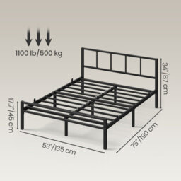Vasagle Metal Platform Bed Frame, 135 X 190 Cm, Double Bed With Headboard And Slats, Easy Assembly, Bedroom, Black - thumbnail 3