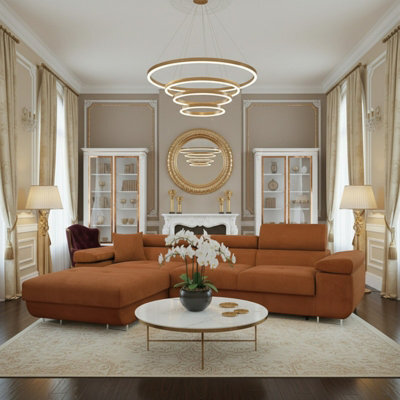 Torezio Mini L Shaped Sofa Bed With Adjustable Headrests Storage Dolfn Mechanism 280X170X70-90Cm Orange Left - image 1