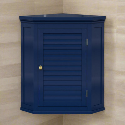 Teamson Home Bathroom Corner Wall Cabinet, Wooden Cabinet With 1 Door, Bathroom Furniture, Bathroom Storage, Navy Blue - image 1