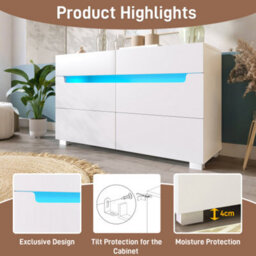 Sideboard Cabinet Dresser With 6 Drawers,storage With Rgb Led, 6-Drawers Chest Of Drawers, 71 X 120 X 40 Cm, White - thumbnail 3