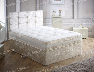 Comfy Deluxe 4Ft6 Cream Crushed Double Divan Bed Set With Headboard And Mattress 2 Drawers Same Side