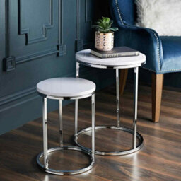 Spot On Dealz Nest Of 2 Round Chrome Tables Metal Frame With White Wooden Top Effect Side End Modern Console Nesting Bedside Table