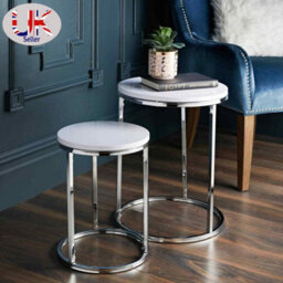 Spot On Dealz Nest Of 2 Round Chrome Tables Metal Frame With White Wooden Top Effect Side End Modern Console Nesting Bedside Table - thumbnail 2