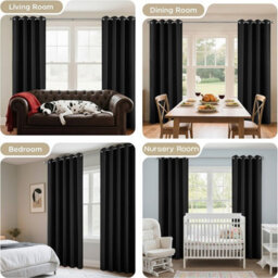 Oxford Homeware Plain Black 230Gsm Blackout Curtain Thermal Insulated Eyelet For Living Room Curtain Pair (W)168Cm X (L)183Cm - thumbnail 6