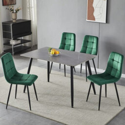 Urbn-Living Urbnliving 5Pcs Armani Grey Modern Ceramic Top Dining Table & Green Plush Velvet Chairs With Metal Legs