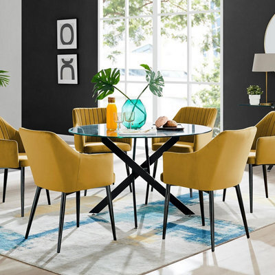 Furniturebox Uk Novara Black Leg Round Glass Dining Table & 6 Mustard Calla Black Leg Chairs