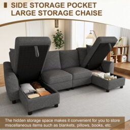 Fenchilin Chenille U-Shaped Sectional Sofa With 2 Storage Chaise Lounges, 2 Cushions 4-Seater Comfy Couch Grey - thumbnail 2