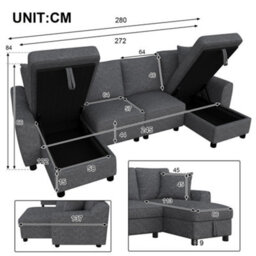Fenchilin Chenille U-Shaped Sectional Sofa With 2 Storage Chaise Lounges, 2 Cushions 4-Seater Comfy Couch Grey - thumbnail 3