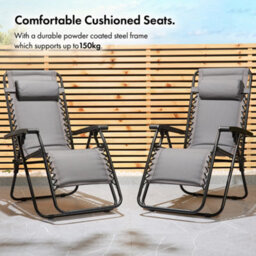 Vonhaus Zero Gravity Chairs Set Of 2, Grey Reclining Sun Loungers For Garden, Padded Folding Garden Chairs, Removable Headrest - thumbnail 2