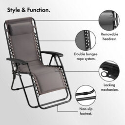 Vonhaus Zero Gravity Chairs Set Of 2, Grey Reclining Sun Loungers For Garden, Padded Folding Garden Chairs, Removable Headrest - thumbnail 7