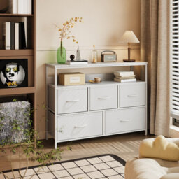 Living And Home 5-Drawer White Metal Frame Chest Of Drawers Storage Cabinet With Power Strip - thumbnail 1