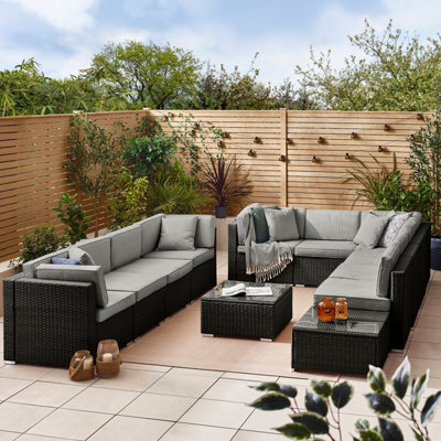Furniturebox Orlando Black Rattan Garden Sofa Modular Outdoor Patio Couch Seating, Table & 10 Chairs Garden Corner Sofa Set +Cover - image 1