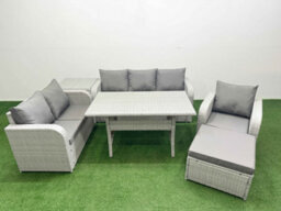 Fimous Pe Wicker 7 Seater Outdoor Rattan Furniture Sofa Sets Reclining Chair Big Footstool Side Table Light Grey - thumbnail 2