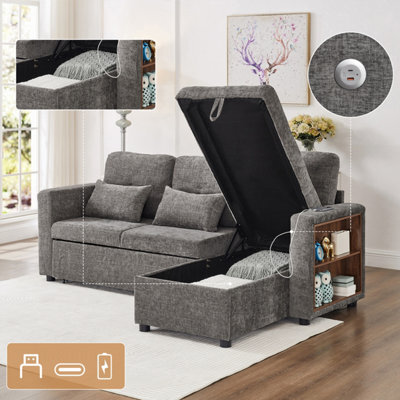 Matteo 3-In-1 Convertible Chenille L-Shaped Sofa Bed With Storage Chaise, Usb/type-C Charging & Adjustable Armrest - Grey - image 1