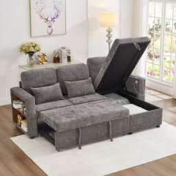 Matteo 3-In-1 Convertible Chenille L-Shaped Sofa Bed With Storage Chaise, Usb/type-C Charging & Adjustable Armrest - Grey - thumbnail 6