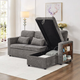 Matteo 3-In-1 Convertible Chenille L-Shaped Sofa Bed With Storage Chaise, Usb/type-C Charging & Adjustable Armrest - Grey - thumbnail 7