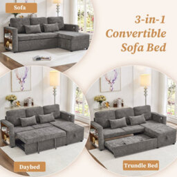 Matteo 3-In-1 Convertible Chenille L-Shaped Sofa Bed With Storage Chaise, Usb/type-C Charging & Adjustable Armrest - Grey - thumbnail 9