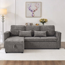 Matteo 3-In-1 Convertible Chenille L-Shaped Sofa Bed With Storage Chaise, Usb/type-C Charging & Adjustable Armrest - Grey - thumbnail 2