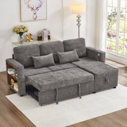 Matteo 3-In-1 Convertible Chenille L-Shaped Sofa Bed With Storage Chaise, Usb/type-C Charging & Adjustable Armrest - Grey - thumbnail 4
