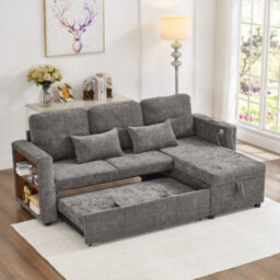 Matteo 3-In-1 Convertible Chenille L-Shaped Sofa Bed With Storage Chaise, Usb/type-C Charging & Adjustable Armrest - Grey - thumbnail 5