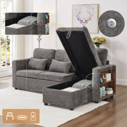 Matteo 3-In-1 Convertible Chenille L-Shaped Sofa Bed With Storage Chaise, Usb/type-C Charging & Adjustable Armrest - Grey