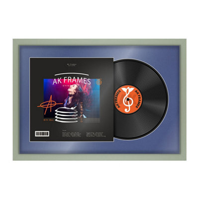 "AK Frames 25X17"" Green Modern Vinyl Record Frame With Blue Mount For 12 Inch Lp Cover & Disc - Overlapped Design" - image 1