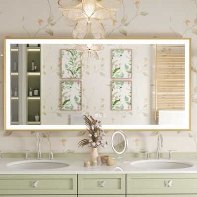 Luvodi 1200X600mm Bathroom Mirror Rectangle Brass Framed Wall Mount Led Illuminated-Touch Sensor, Anti-Fog