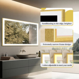 Luvodi 1200X600mm Bathroom Mirror Rectangle Brass Framed Wall Mount Led Illuminated-Touch Sensor, Anti-Fog - thumbnail 4