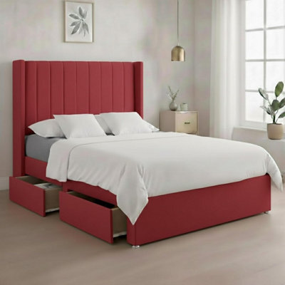 Luxury Red Plush Milan Double Bed Frame With Mattress 54 Inches Wingback Headboard 2 Footend Storage Drawers - image 1