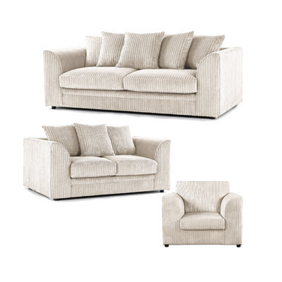 Furnishings For Less UK Luxor Jumbo Cord 3 + 2 + 1 Fabric 3 Piece Sofa Suite - Scatter Back Cream - image 1