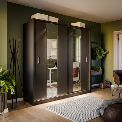 Arte Lux Xiv- Sleek Black Two Sliding Door Wardrobe (H2150mm W2200mm D630mm) With Decorative Mirrored Doors - image 1