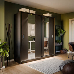 Arte Lux Xiv- Sleek Black Two Sliding Door Wardrobe (H2150mm W2200mm D630mm) With Decorative Mirrored Doors - thumbnail 1