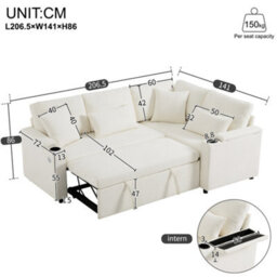 Btm Corner Sleeper Sofa, Pull Out Bed, Usb Charging, Storageand Cup Holders, Beige - thumbnail 9