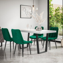 More4Homes Aria Dining Table And Chairs -  White Marble Effect Table Top W Black Legs + Nova Velvet Dining Chair Set Of 6 (Green)