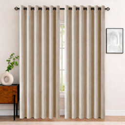 Bedlooms Beige Crushed Velvet Curtains Blackout Thermal Insulated Eyelet Curtain (Pair) 66 X 90 Inches With Tie Back Two