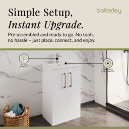 Balterley Bramshall Compact Bathroom Cloakroom Vanity Basin Unit With Polymarble Basin, Brushed Brass Handles, 500mm, Gloss White - thumbnail 4