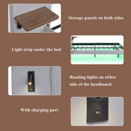 Btm Upholstered Double Bed 4Ft6 135X190Cm, Velvet Grey, Bedside Lamps, Usb Charging, Led Under Bed Light - thumbnail 6