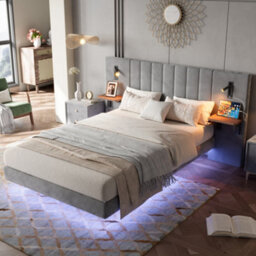 Btm Upholstered Double Bed 4Ft6 135X190Cm, Velvet Grey, Bedside Lamps, Usb Charging, Led Under Bed Light - thumbnail 2