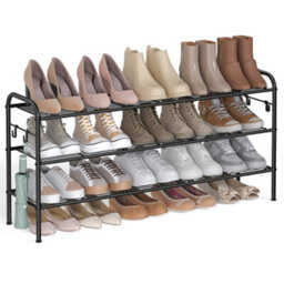 LEDREM Shoe Rack, 3-Tier Shoe Organizer, Metal Shoe Shelf Storage With 4 Side Hooks, Holds 18 Pairs Of Shoes,ink Black - thumbnail 3