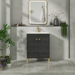Royal Bathrooms Verona 600mm Black Woodgrain Floor Standing Vanity Unit 2 Door With Stone Basin & Brushed Brass Knob - thumbnail 4