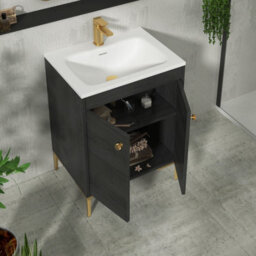 Royal Bathrooms Verona 600mm Black Woodgrain Floor Standing Vanity Unit 2 Door With Stone Basin & Brushed Brass Knob - thumbnail 5