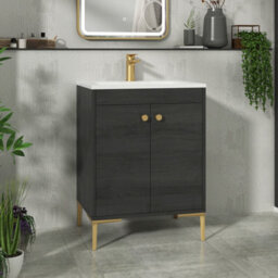 Royal Bathrooms Verona 600mm Black Woodgrain Floor Standing Vanity Unit 2 Door With Stone Basin & Brushed Brass Knob