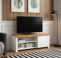 Impact Furniture Tv Unit Storage Cabinet Media Stand 156Cm White Gloss And Oak Bench For Up To 65 Inch Tv Bedroom Living Room Holten