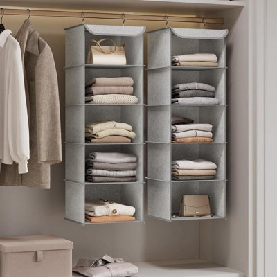 Songmics Wardrobe Hanging Storage, Collapsible Closet Organizer Shelves, Space Saving With Bamboo Details, Light Grey - image 1