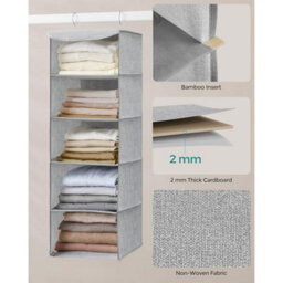 Songmics Wardrobe Hanging Storage, Collapsible Closet Organizer Shelves, Space Saving With Bamboo Details, Light Grey - thumbnail 4