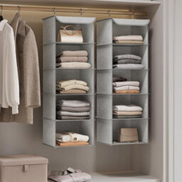 Songmics Wardrobe Hanging Storage, Collapsible Closet Organizer Shelves, Space Saving With Bamboo Details, Light Grey - thumbnail 1