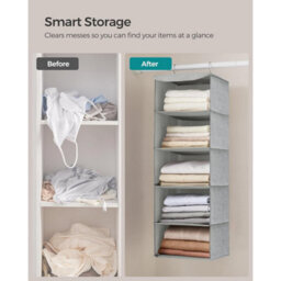 Songmics Wardrobe Hanging Storage, Collapsible Closet Organizer Shelves, Space Saving With Bamboo Details, Light Grey - thumbnail 7