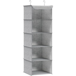 Songmics Wardrobe Hanging Storage, Collapsible Closet Organizer Shelves, Space Saving With Bamboo Details, Light Grey - thumbnail 8