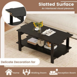 2 Tier Coffee Table Slatted Wood Center Table With Storage Shelf - thumbnail 3